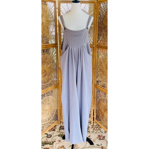 Pants - Light Gray Cotton Wide Leg Jumpsuit Romper with Pockets